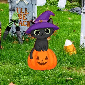 Halloween gato negro sombrero de bruja en calabaza estaca de jardín césped decoración