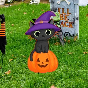 Estaca de jardín de gato negro bruja calabaza Halloween decoración para exteriores.