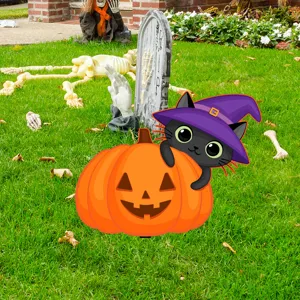 Decoración de estaca de patio de Halloween gato negro calabaza letrero de césped