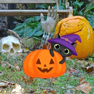 Halloween lindo gato negro sombrero de bruja calabaza decoracion de jardin escena detallada