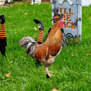 Decoración de estaca de jardín de Halloween con gallo bruja y lápida para fiesta terrorífica.