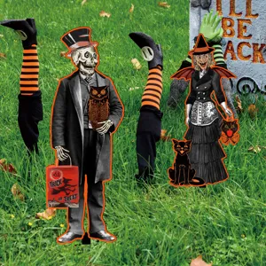 Set de decoración de jardín Halloween, esqueleto bruja y gato negro estacas de césped.