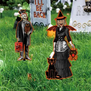 Conjunto de estacas de jardín vintage de Halloween, bruja esqueleto y gato negro.