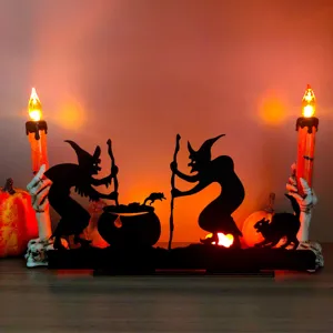 Halloween wooden LED candle holder with witch silhouette, perfect for spooky tabletop decor.