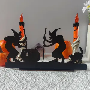 Halloween wooden tabletop candle holder with witch and cat silhouettes for holiday decoration.