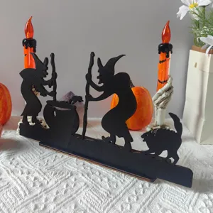 Halloween wooden lighted tabletop decoration candle holder with spooky witch silhouette design