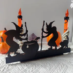 Halloween wooden tabletop candle holder decor featuring spooky witches and black cat silhouettes.