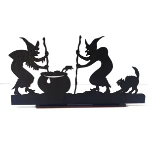 Wooden Halloween witch silhouette table decoration, spooky party decor prop and candle holder.