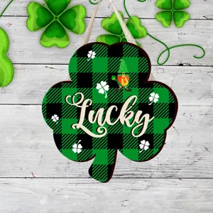 Panneau suspendu Saint Patrick, forme trèfle, carreaux vert noir, gnome mignon, déco de fête.
