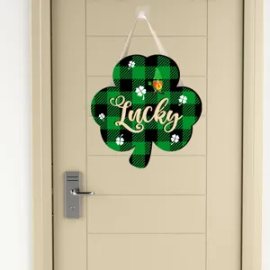 Saint Patrick vert carreaux trèfle en bois suspendu panneau festival porte déco avec texte Lucky