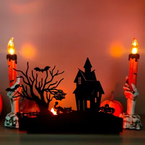 Halloween wooden lighted tabletop decoration featuring a haunted house silhouette and LED candles.