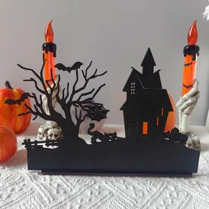 Halloween wooden lighted tabletop decoration haunted house spooky tree festive ornament.