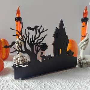 Halloween wooden tabletop decoration detail, spooky castle and tree silhouette design for party.