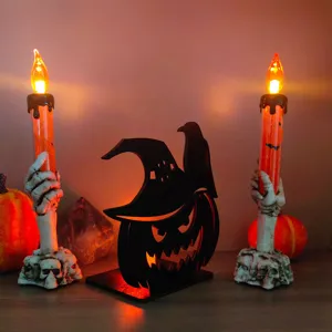 Halloween legno LED decorazione tavolo set con spettrale scheletro portacandele e zucca luce.