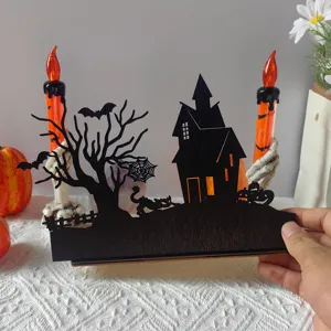 Halloween wooden hollow projection candle holder desktop light festival decoration.