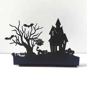 Halloween wooden tabletop decoration spooky haunted house silhouette centerpiece for party decor.
