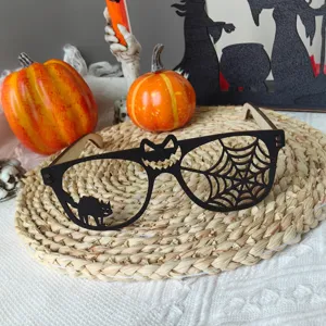 Halloween Holzdeko Brillengestell mit Spinnennetz und Katzen-Hohldesign, Party-Requisite.