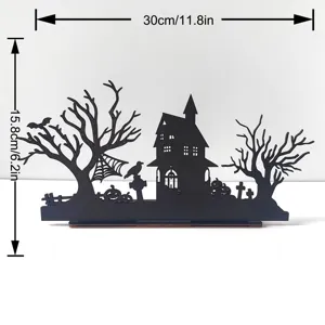 Halloween wooden decoration haunted house silhouette tabletop sign spooky party props ornament