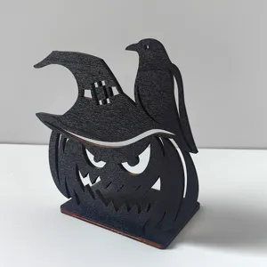 Decorazione da tavola di Halloween in legno zucca nera cappello da strega corvo spettrale