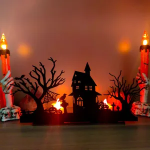 Halloween wooden light-up tabletop ornament haunted house decoration spooky festive candle holder