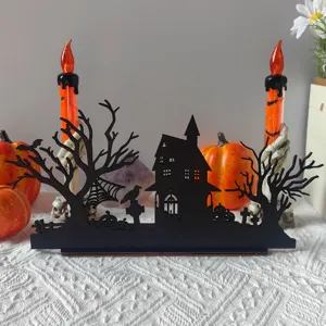 Halloween wooden lighted table centerpiece decorative candle holder ornament for holiday party