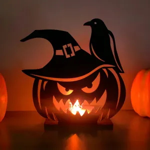 Decorazione da tavolo Halloween zucca cappello da strega corvo in legno luce LED festa