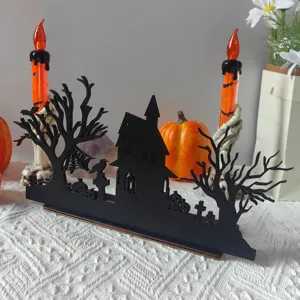 Halloween wooden haunted house LED candle holder desktop ornament festival party decoration supplies