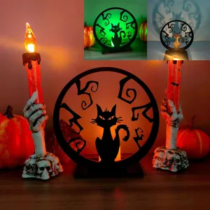 Halloween gatto nero in legno lampada proiezione candeliere scheletro dettaglio scena