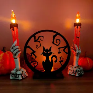 Halloween gatto di legno portacandela supporto da tavolo ornamenti proiezione dettaglio.
