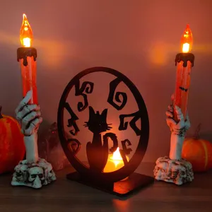 Halloween Legno Tavolo Gatto Portacandela LED Luce Spettrale Festa Decorazione Ornament