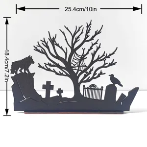 Halloween wooden silhouette table decoration detail showing cemetery scene elements nicely.