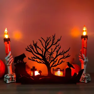 Halloween wooden lighted table centerpiece decorative candle holder for spooky home party decor