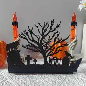 Halloween wooden hollow tabletop decor ornament with spooky trees and tombstones display.