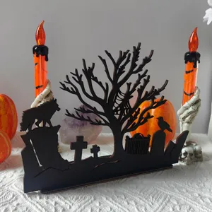 Halloween wooden tabletop ornament spooky silhouette decoration for holiday party decor detail view