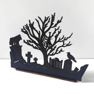 Halloween Wooden Silhouette Tabletop Decor Dead Tree Crow Tombstone Ornament Detail