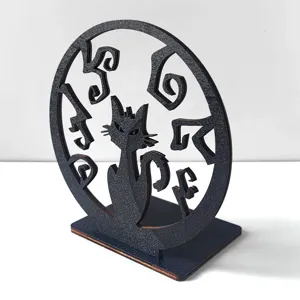Halloween gatto nero in legno espositore decorativo rune mistiche ornamento intagliato dettaglio