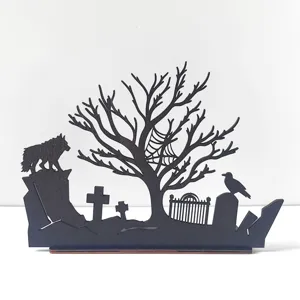 Halloween wooden hollow carved silhouette decoration desktop ornament with spooky tree design.