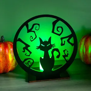 Portacandela gatto in legno Halloween con proiezione LED decorazione tavola dettaglio