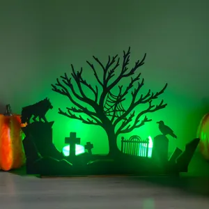 Halloween wooden lighted display stand with spooky tree and grave silhouette details.