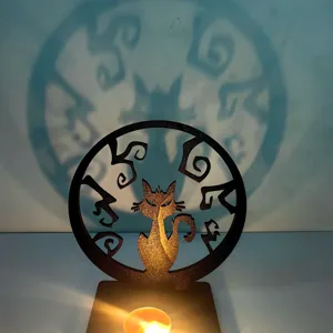 Portacandele tealight gatto in legno di Halloween con effetto ombra di proiezione per le feste