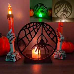 Decorazione da tavola con portacandele a proiezione LED in legno di Halloween con ragnatela e teschio.