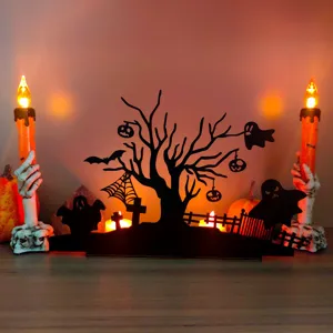 Halloween wooden lighted tabletop decoration spooky tree pumpkin ghost silhouette