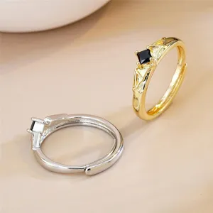 Couple open rings with dark gothic bat wing designs and black square stones for daily wear
