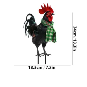 Picchetto da giardino gallo in metallo con sciarpa a quadri decorazione natalizia 34x18cm