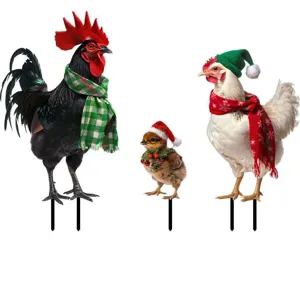 Set paletto da giardino gallina di Natale in metallo, decorazione d'arte prato esterno, 3pz.