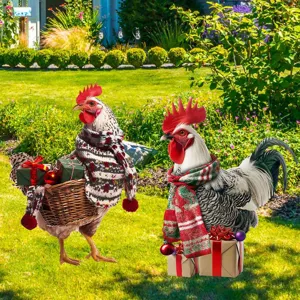 Picchetti da giardino in metallo gallina di Natale con sciarpe e scatole regalo decorazione.
