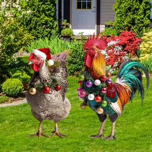 Paletti da giardino gallo di Natale in metallo, arte da cortile in ferro per decorazioni natalizie.