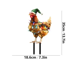 Picchetto da giardino gallo di Natale in metallo con cappello e luci esterne 35cm