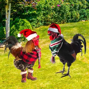 Vista dettagliata di paletto da giardino gallo di Natale in metallo decorazione con cappelli.