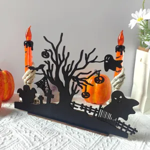 Halloween wooden tabletop decoration with tree ghost pumpkin fence for holiday party setup.